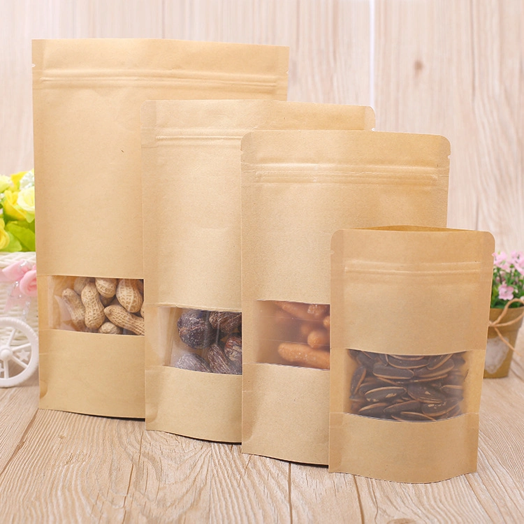 Degradable Eco-Friendly Zipper Sealed Stand Virgin Raw Recycle Kraft Paper Gift Food Bread Coffee Clothes Packaging Shopping Bag with Window