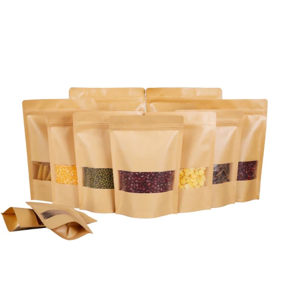 Borsa a chiusura lampo per imballaggio alimentare biodegradabile per caffè, tè, stampa personalizzata, piccola, in carta kraft marrone, con cerniera e finestra